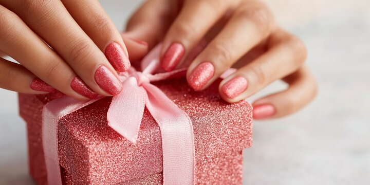Close-up of female hands with pink glitter manicure holding a sparkling silver gift box. Elegant festive scene with bright reflections and soft bokeh light.