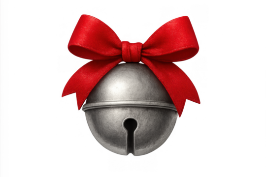 Silver jingle bell with a vibrant red bow, symbolizing christmas joy, winter holidays, celebrations, and festive seasonal cheer