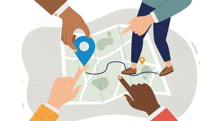 Diverse team collaboratively planning a journey with a map and location marker highlighting business strategy and technology integration