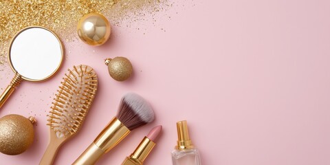 Flat lay of beauty accessories and golden Christmas ornaments on a soft pink background. Elegant festive composition with makeup brush, lipstick, mirror, and perfume bottle for glamorous holiday mood