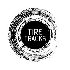 Grunge circle tire track, wheel braking mark. Truck, car or motorcycle tread pattern silhouettes. Auto race, motorsport, speed racing design element. Vector illustration
