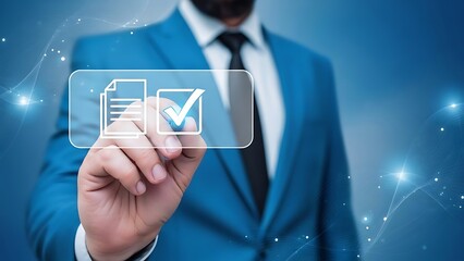 Person in Suit Touching Digital Checkmark Icon on Transparent Screen business technology