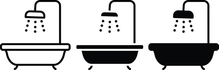 Shower Running Above Bathtub Hygiene and Bathroom Fixture Icons Vector Silhouette and Pictogram..eps