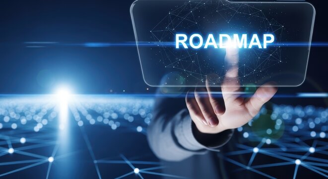Business technology roadmap with futuristic digital interface and glowing connections symbolizing future planning strategy