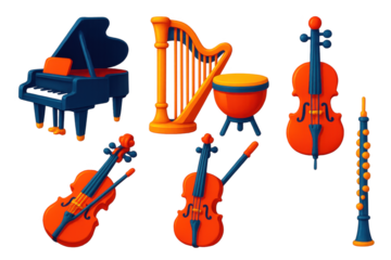 3D Opera Instrument Icons. 3D icon set of opera music instruments: grand piano, harp, timpani, violin, cello, oboe. A set of