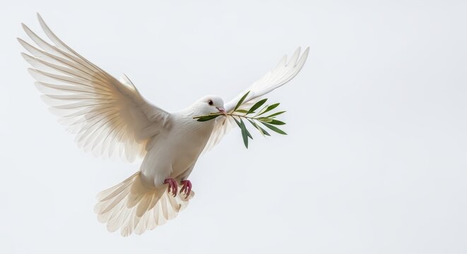 White dove in flight carrying olive branch symbolizing peace and hope