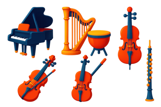 3D Opera Instrument Icons. 3D icon set of opera music instruments: grand piano, harp, timpani, violin, cello, oboe. A set of