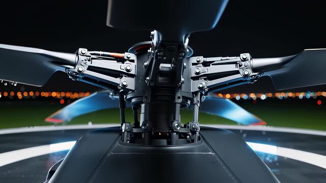 Cinematic close-up of a metallic helicopter rotor spinning in heavy rain at night, featuring complex mechanical engineering details in a realistic 3D animation.