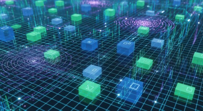 Digital grid with glowing cubes and data streams in blue and green technology - Powered by Adobe