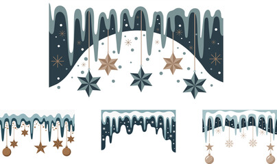 Elegant Winter Icicle Borders with Gold Stars & Ornaments | Dark Holiday Clipart