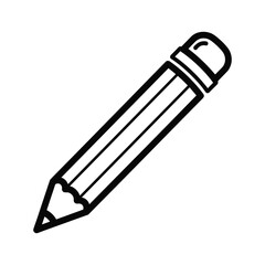 Simple black and white outline drawing of a wooden pencil with an eraser, isolated on