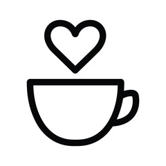 Simple black and white line icon of a coffee cup with a heart shape representing steam or love isolated on