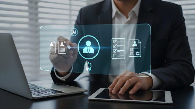 "Business Professional Using Laptop and Tablet with Transparent User Interface Icons — Remote Collaboration, HR and Digital Workflow Management"

