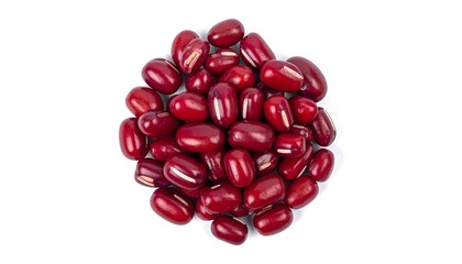 Circular arrangement of red adzuki beans clustered tightly, viewed from directly above on a stark white surface