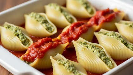 Stuffed Pasta Shells with Green Filling and Tomato Sauce in Baking Dish image stock