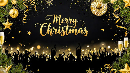 Golden Merry Christmas Celebration background, Festive Holiday Party black, Background, Luxury Christmas Event landscape background Design