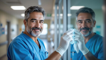Smiling healthcare worker cleaning a window in a modern hospital setting