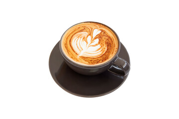 Top view of latte art in black ceramic cup on saucer isolated on transparent background, png file
