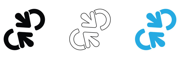 Obraz premium Dynamic arrow icon set conveying connection, sync, and circular motion in black, line art, and vibrant blue for modern presentations and UX design