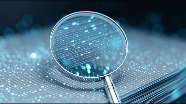 Magnifying Reality: A close-up view of a magnifying glass over a book, highlighting information through data analysis and insight.