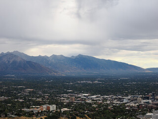 Expansive view of the Salt Lake City urban area nestled beneath the Wasatch Mountains