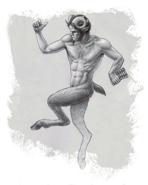 This detailed pencil drawing depicts a satyr, a creature from Greek mythology, in a lively pose, mythology fantasy art