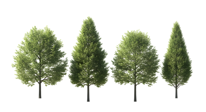 Collection of four deciduous trees of varying shapes and sizes against a white background
