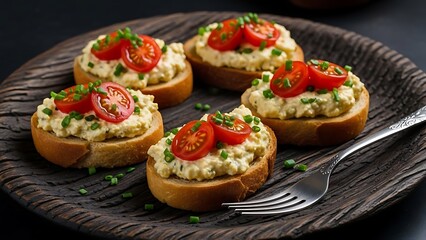 Toasted Bread Bites Topped with Creamy Spread and Cherry Tomatoes appetizers canapes