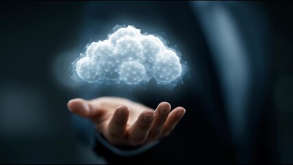 Data Cloud Connection: An individual extends a hand, cradling a luminous, digital cloud, representing the interconnectedness of modern data and the ease of accessing information. 