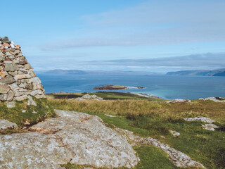 Views of the Isle of Mull and Ulva from the summit of Dun I, the highest peak on Iona in Scotland
