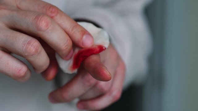 A man wipes blood from an injured finger with a cotton swab and tries to stop the bleeding.
Cut on the finger.
Bleeding wound on the hand.
Blood, pain, injury, cut, disinfection, cotton swab.