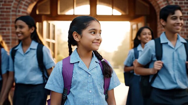 Portrait of a smiling indian girl waving her hand and walking out of the school building with her classmates at the end of lessons