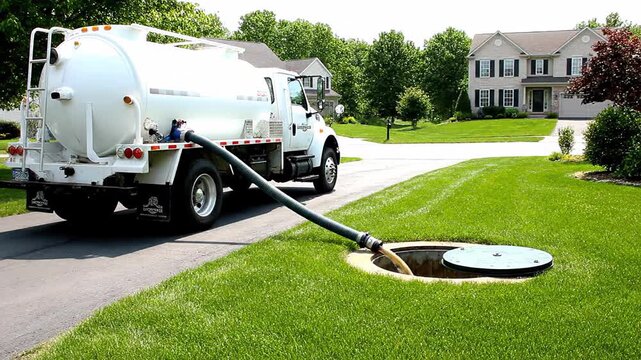 White septic service truck is in the process of emptying a residential sewage system in a suburban neighborhood. The vacuum hose is attached to a manhole cover in a lush green yard