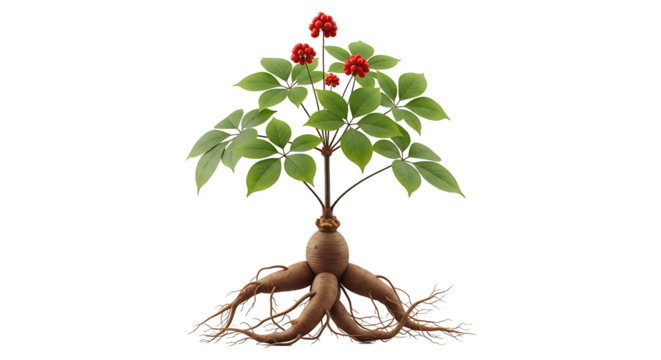 Ginseng plant with red berries and detailed root system isolated on a transparent background