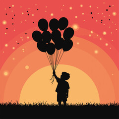 Child silhouette holding balloons at sunset