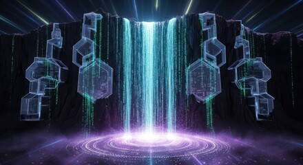 Digital waterfall with glowing geometric structures and binary code technology futuristic