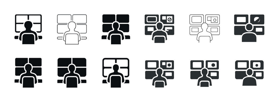 Icon set of people monitoring multiple screens in control room