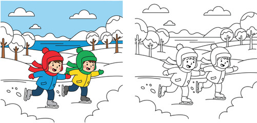 Coloring book page for kids with happy children ice skating on frozen lake in winter landscape vector illustration involving cute boys holding hands outdoors