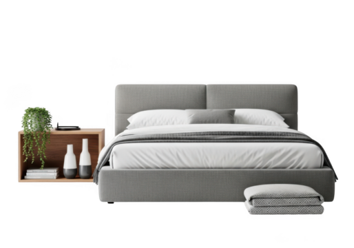 Elegant bed with nightstand isolated on transparent background