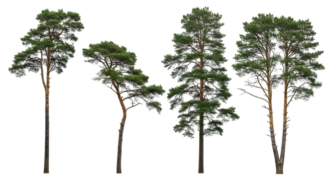 Four tall pine trees with green foliage and brown trunks on a white background