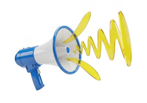 Blue and white megaphone with sound waves isolated on transparent background