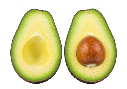 Two avocado halves close up isolated on transparent background