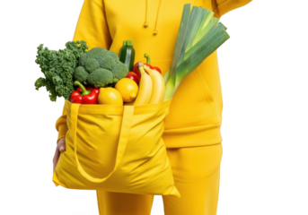 Person holding grocery bag with food isolated on transparent background