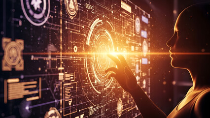 Woman interacting with digital interface futuristic technology concept