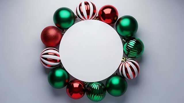Festive Christmas Ornament Frame With Copy Space Featuring Vibrant Red and Green Baubles Arranged in a Circular Wreath Shape Against a Clean White Background Perfect for Holiday Marketing an - Powered by Adobe