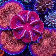 Illustration of vibrant red and purple disc corals glowing under blue light in an aquarium