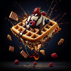 Illustration of delicious waffle with ice cream, fresh berries, and chocolate sauce splashes