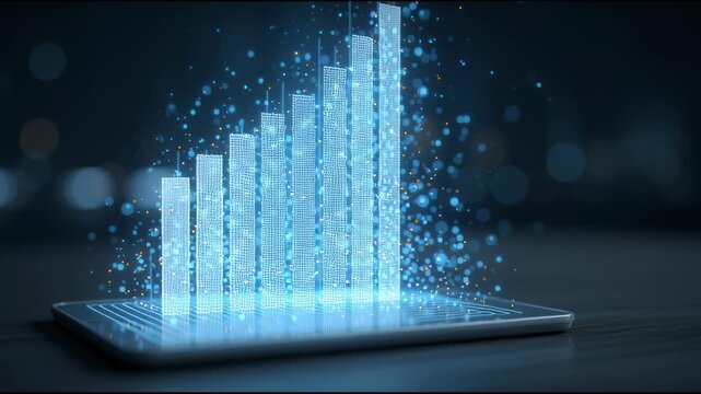 Digital Growth: An illuminated bar graph ascends from a tablet, symbolizing exponential expansion in a digital landscape, accompanied by glowing particles.