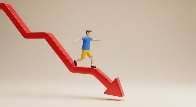Man walking down a red arrow showing financial decline