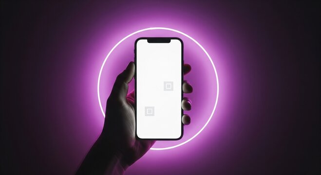 Hand holding smartphone with blank screen against purple neon circle